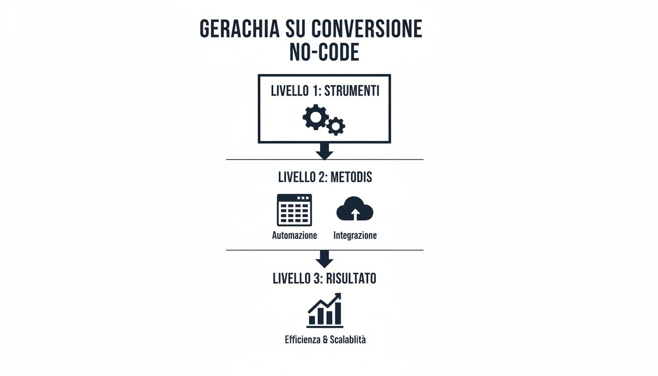 Diagramma della gerarchia di conversione No-Code, che illustra i livelli di strumenti, metodi e risultati con icone.