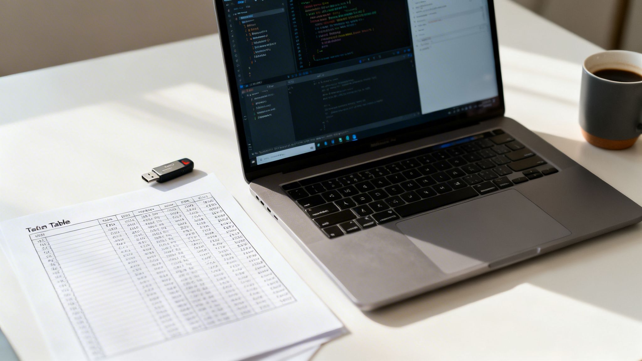 Laptop con codice, documento tabelle, chiavetta USB e tazza di caffè su scrivania bianca al sole.