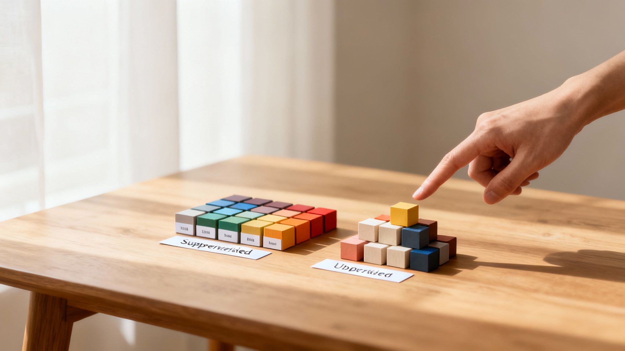Mano che indica blocchi colorati su un tavolo, illustrando concetti di apprendimento supervisionato e non supervisionato.