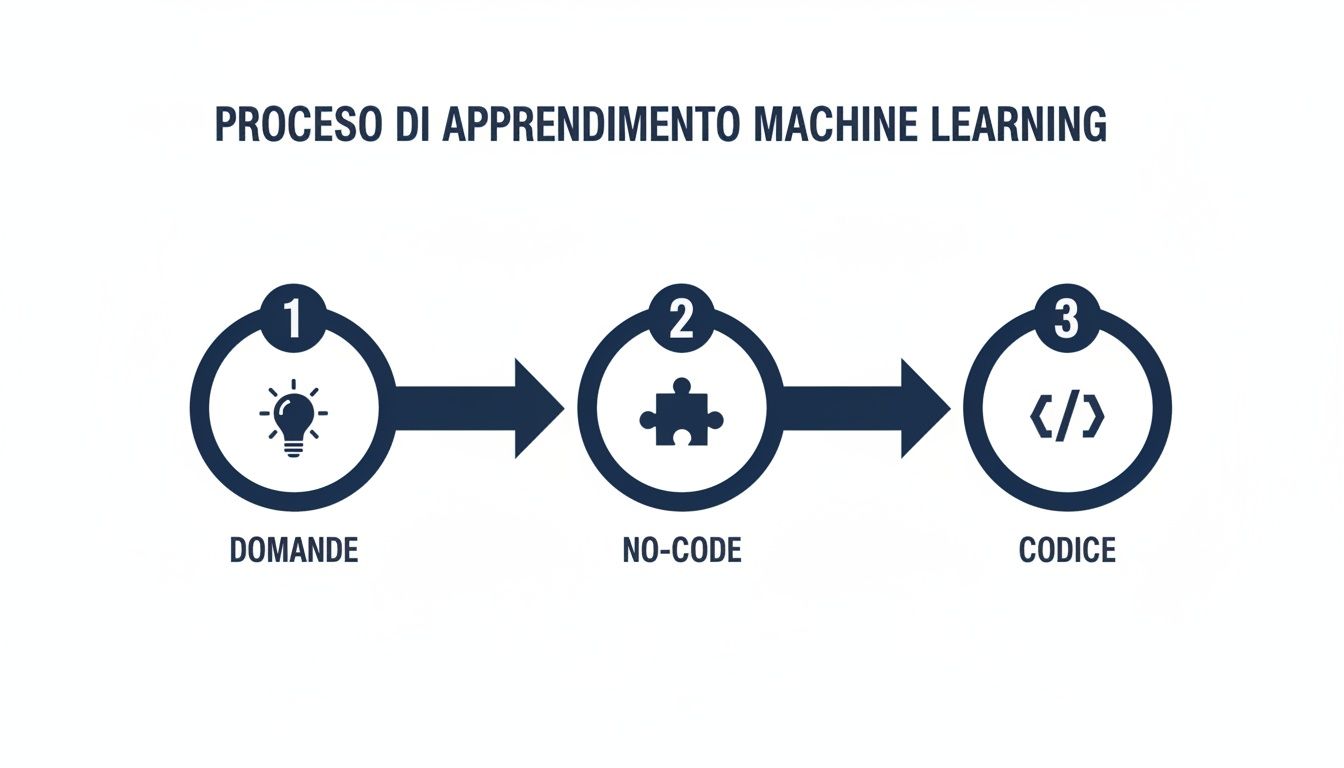 Diagramma del processo di apprendimento machine learning in tre fasi: Domande, No-Code, Codice.