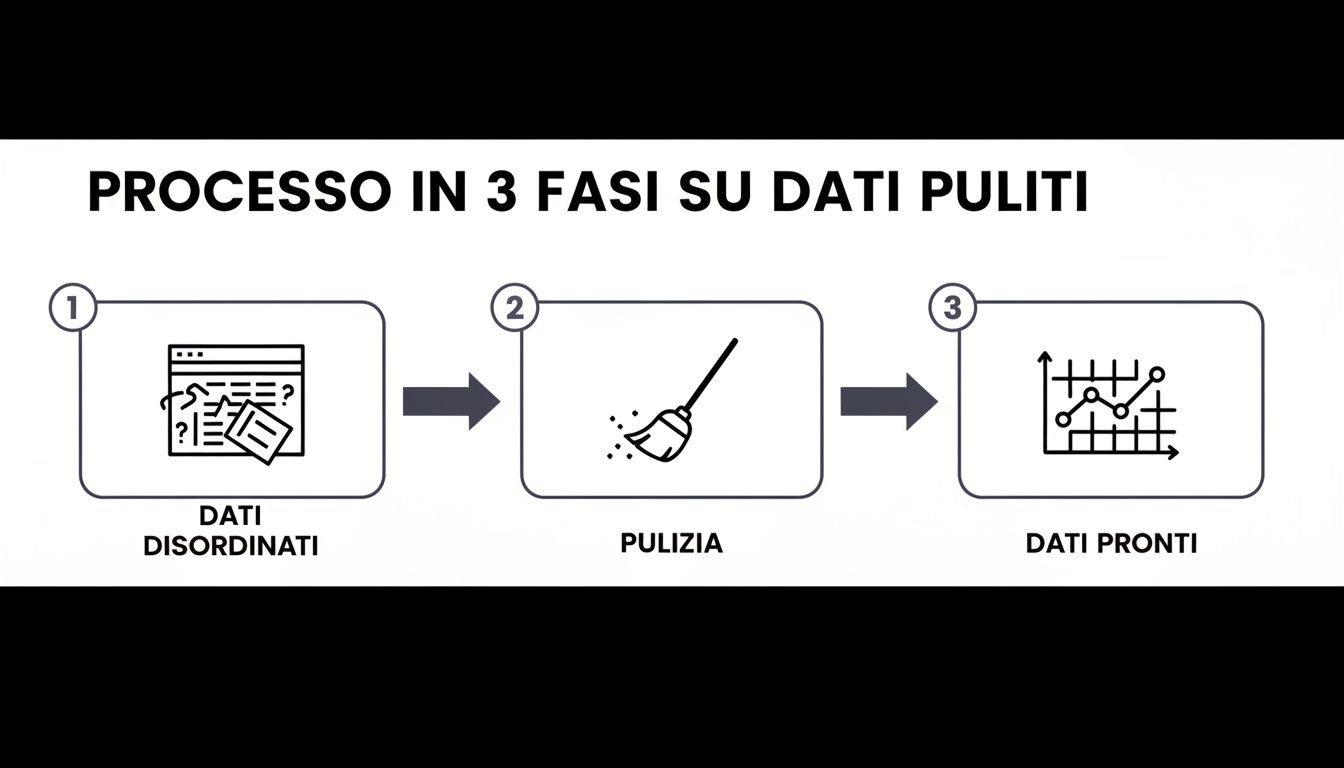 Schema del processo in 3 fasi per trasformare dati disordinati in dati puliti e pronti per l'analisi con grafici.