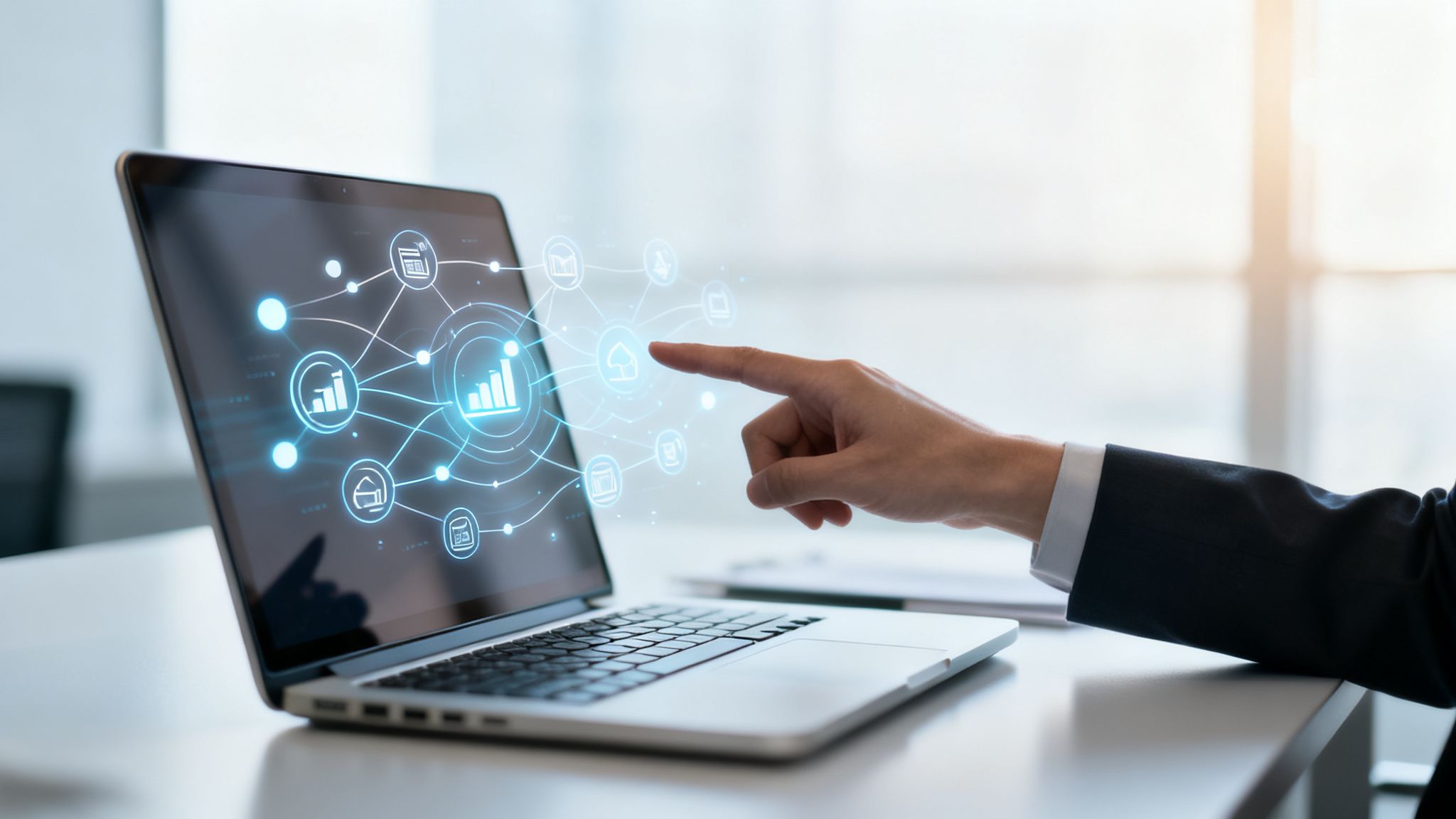 Mano di un professionista che interagisce con un'interfaccia olografica di analisi dati su un laptop.