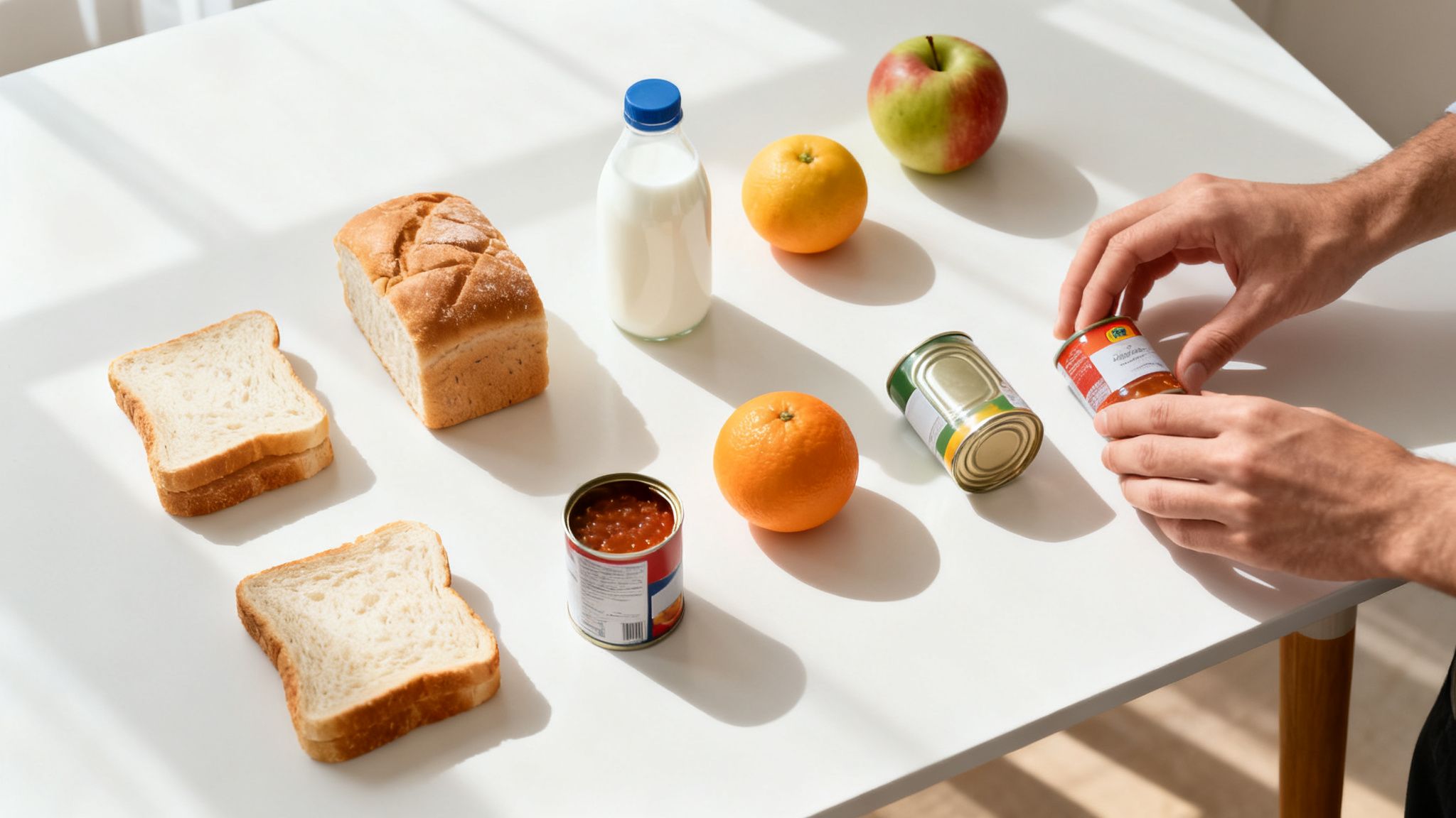 Mani di una persona che prende una lattina di cibo da un tavolo bianco con pane, latte, frutta e altre lattine.