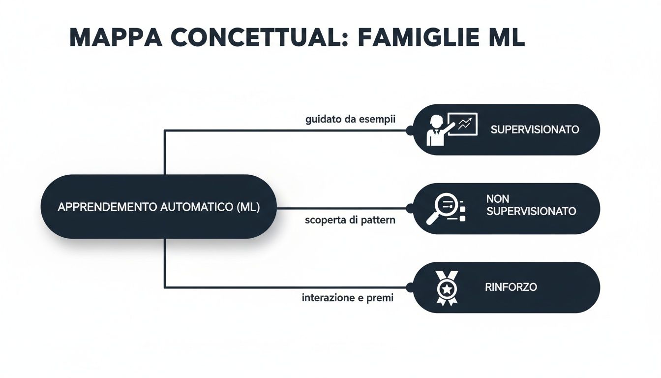 Mappa concettuale che illustra le principali famiglie dell'apprendimento automatico (ML), inclusi i tipi supervisionato, non supervisionato e per rinforzo.