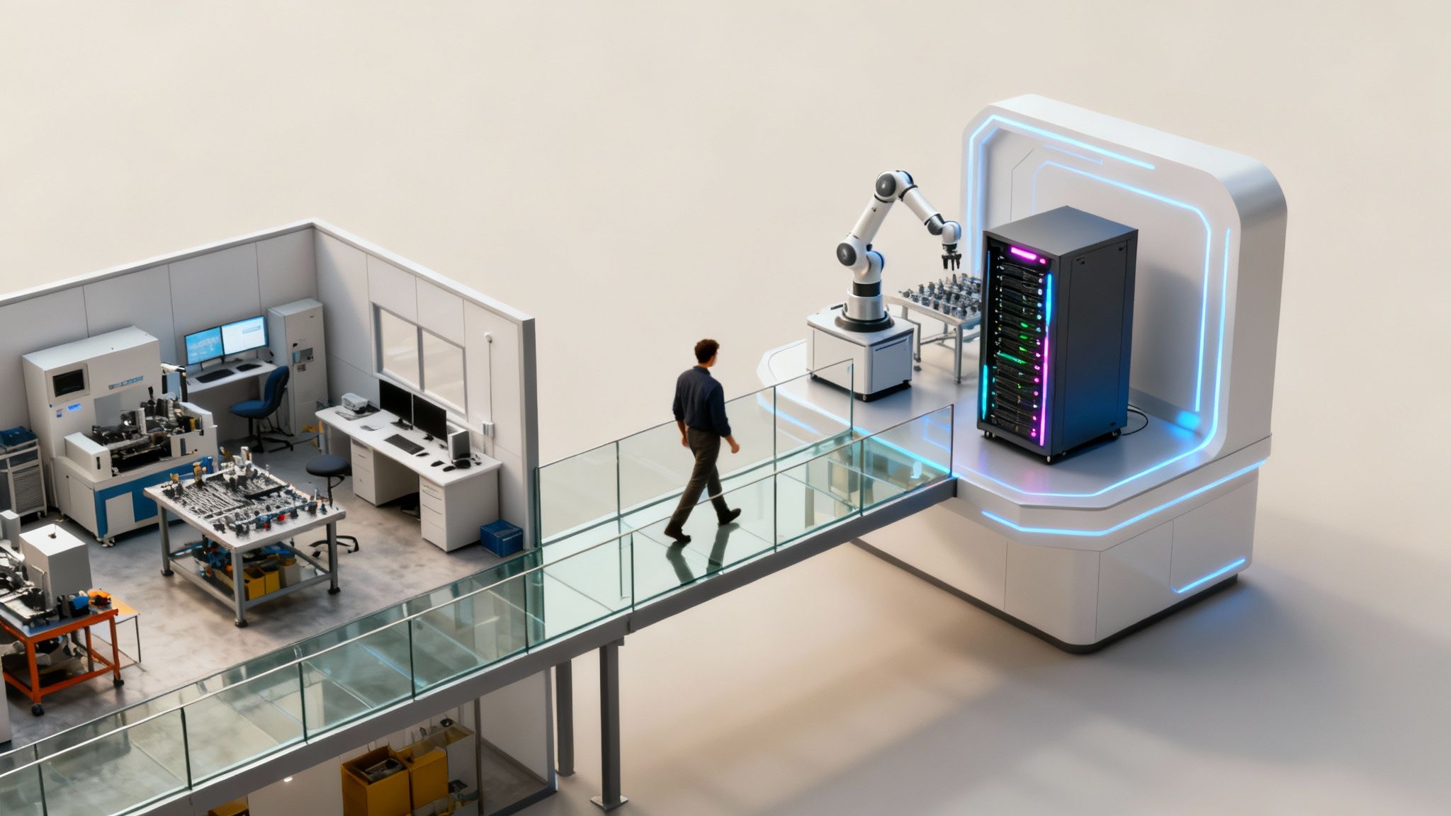 Uomo su ponte di vetro tra laboratorio di produzione e centro dati con robot, simboleggiando l'Industria 4.0.