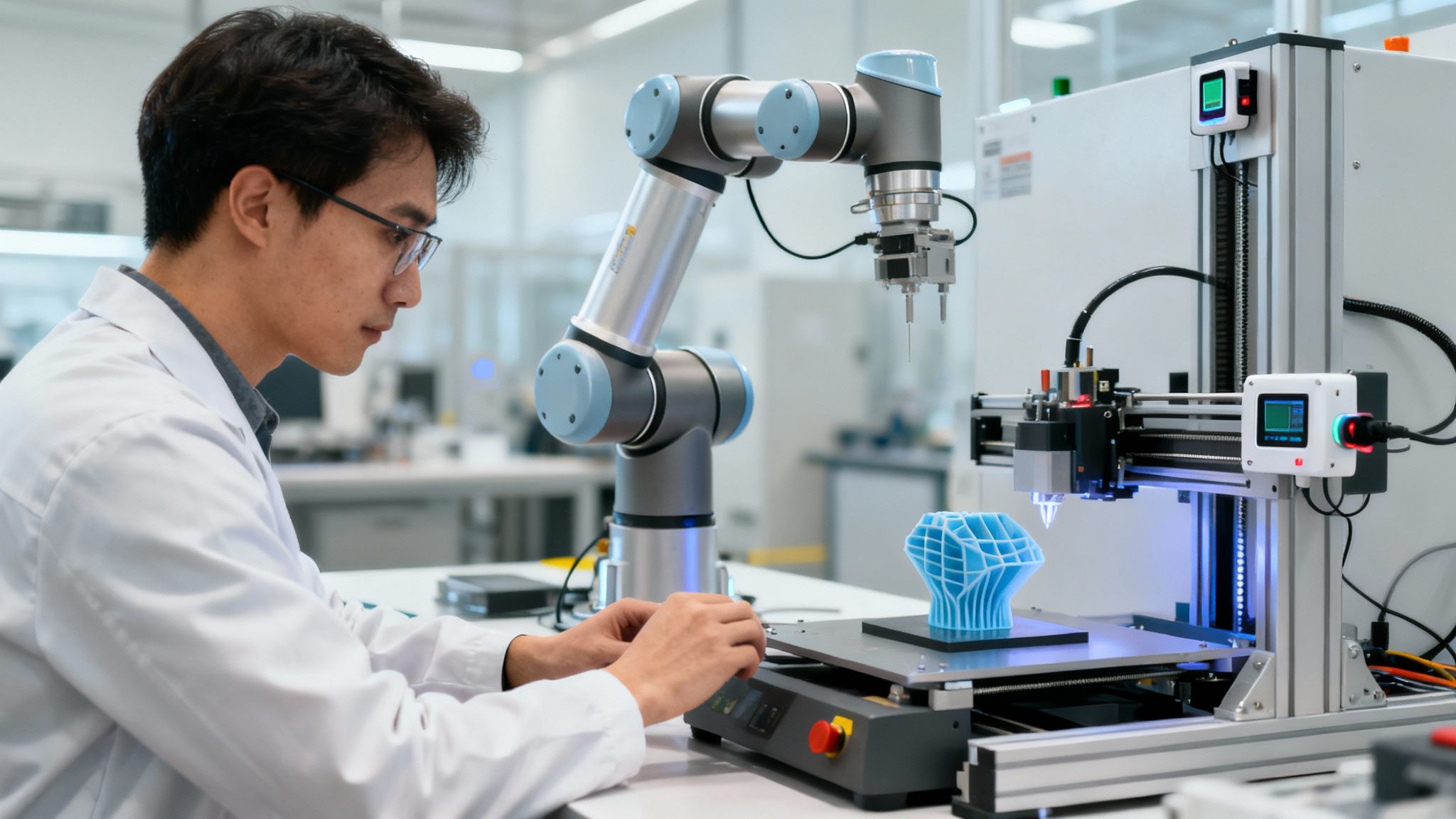 Un ingegnere asiatico in camice da laboratorio lavora con un braccio robotico e una stampante 3D che crea un oggetto blu in un ambiente di laboratorio.