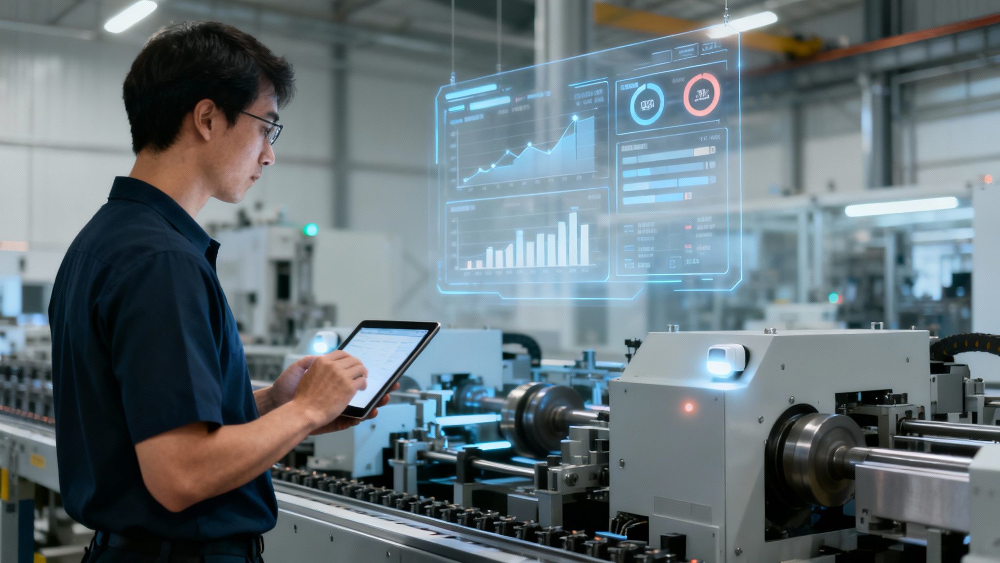 Ingegnere in fabbrica che usa un tablet per monitorare i dati di produzione su un display olografico.
