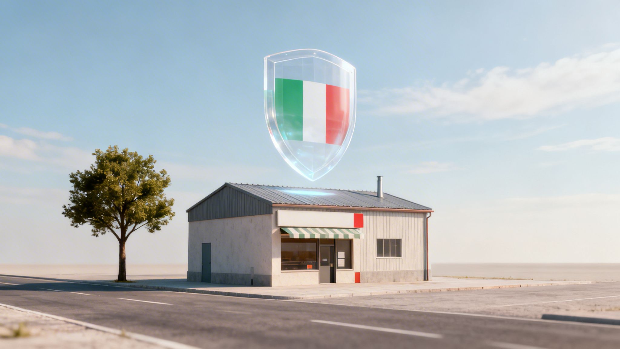 Edificio con tenda e scudo olografico della bandiera italiana fluttuante sopra, simbolo di protezione.
