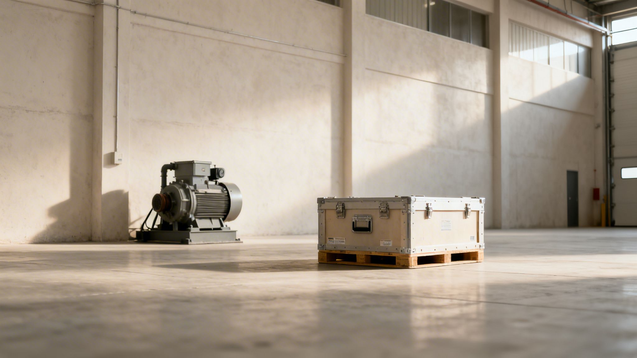 Un motore industriale grigio e una cassa di legno su pallet in un ampio magazzino illuminato dal sole.