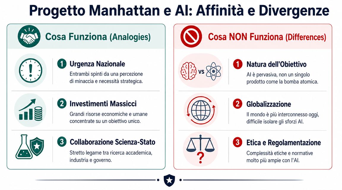 Infografica che confronta il Progetto Manhattan e l'intelligenza artificiale tra analogie e differenze fondamentali.