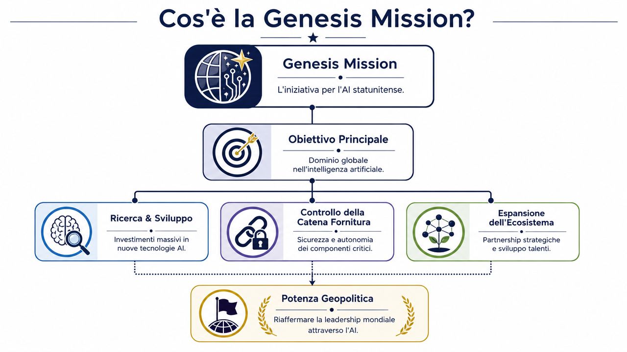Diagramma infografico che illustra la Genesis Mission, l'iniziativa statunitense per il dominio globale nell'intelligenza artificiale.