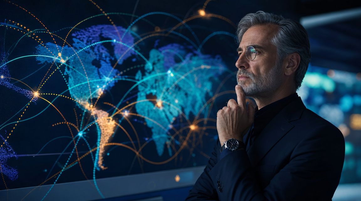 Uomo d'affari maturo che osserva pensieroso una mappa digitale del mondo con connessioni di rete globali.