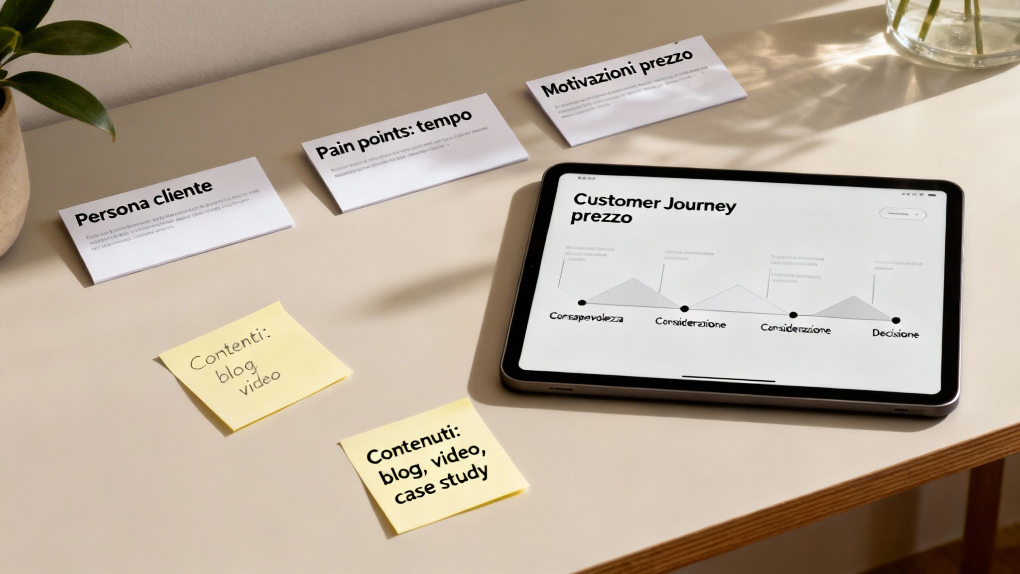 Scrivania con strumenti per un piano di marketing: schede, post-it e tablet che mostra il customer journey.