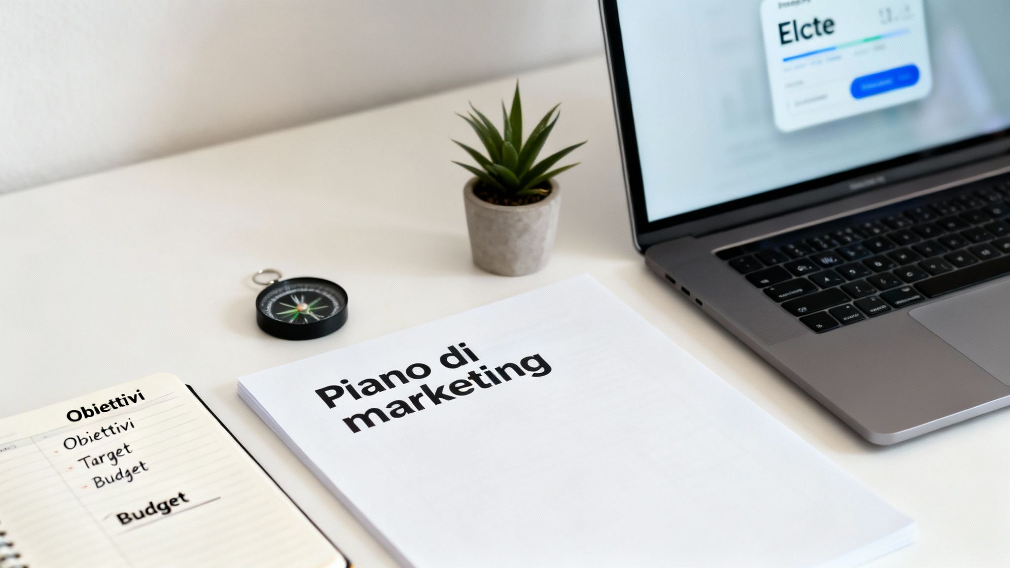 Un piano di marketing su una scrivania bianca, affiancato da un taccuino con obiettivi, un laptop e una bussola, simboleggiando la direzione strategica.