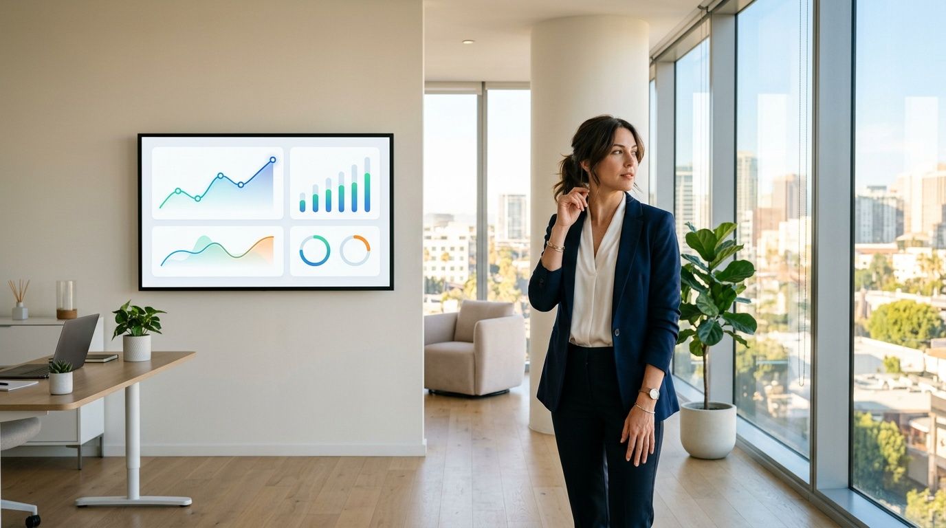 Una professionista in ufficio moderno osserva grafici di analisi dati proiettati su uno schermo alla parete.