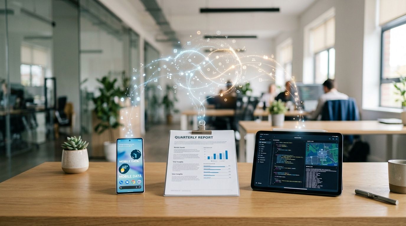 Scrivania da ufficio con smartphone, tablet e rapporto trimestrale collegati tramite una complessa visualizzazione di dati digitali.