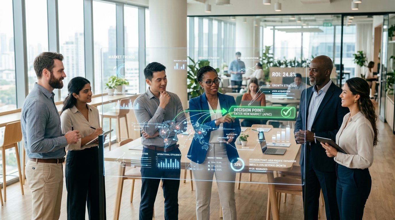 Un team di professionisti analizza dati strategici su uno schermo digitale trasparente in un moderno ufficio luminoso