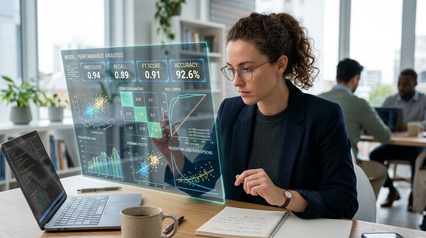 Una data scientist analizza le prestazioni di un modello di machine learning su un display olografico interattivo.
