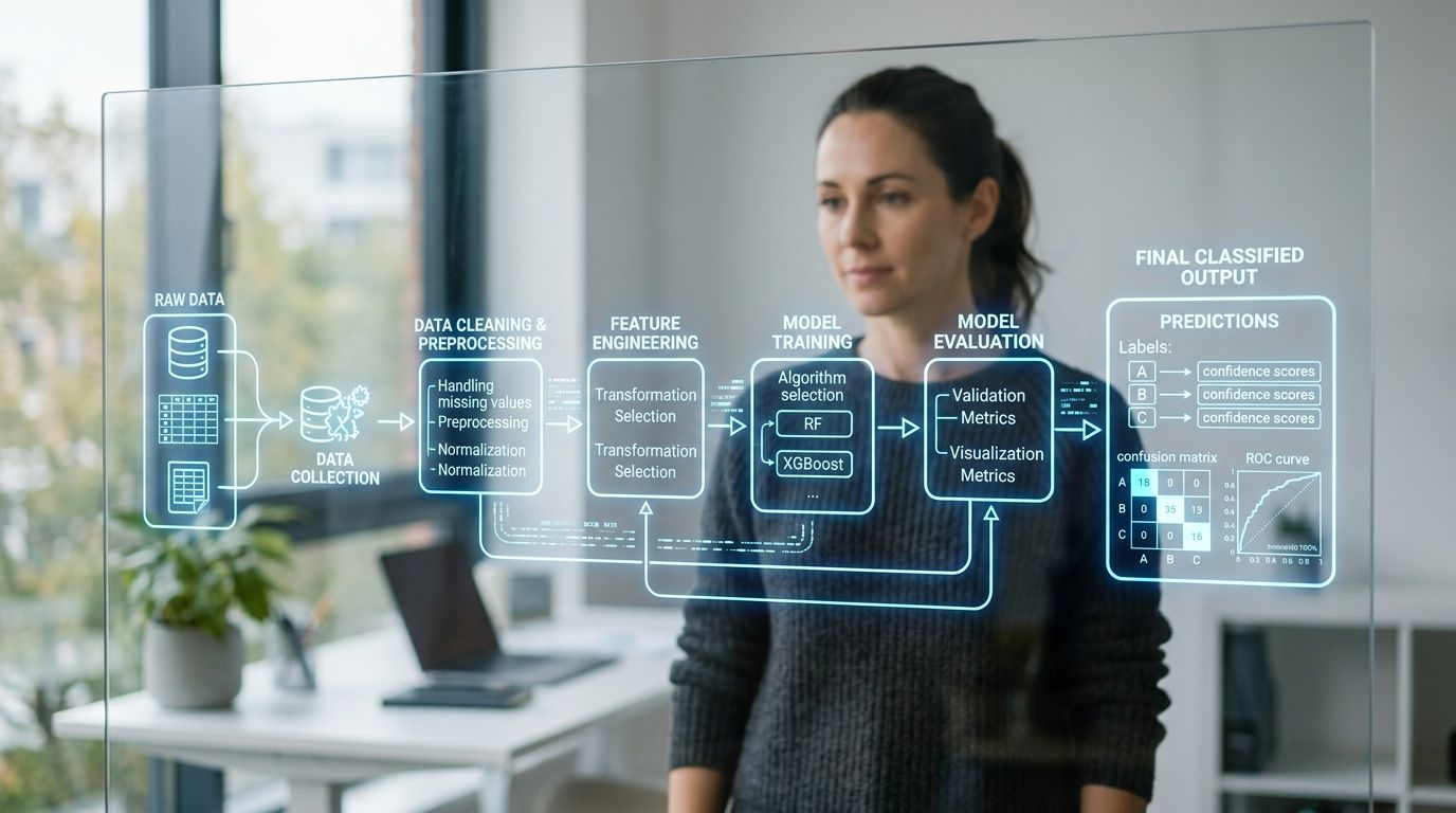 Una donna analizza uno schema di flusso digitale sulla scienza dei dati proiettato su uno schermo trasparente.