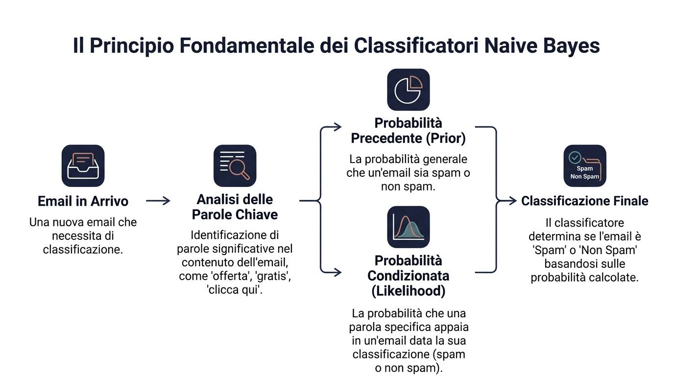 Diagramma che spiega il funzionamento dei classificatori Naive Bayes per distinguere email spam da non spam.