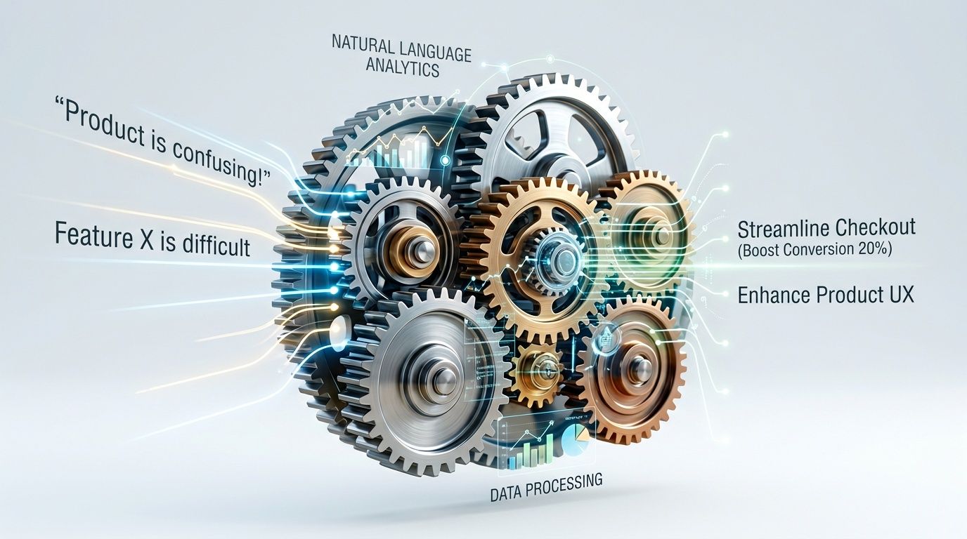 Illustrazione concettuale che mostra ingranaggi trasformare feedback negativo in miglioramenti aziendali tramite analisi del linguaggio naturale e dati.