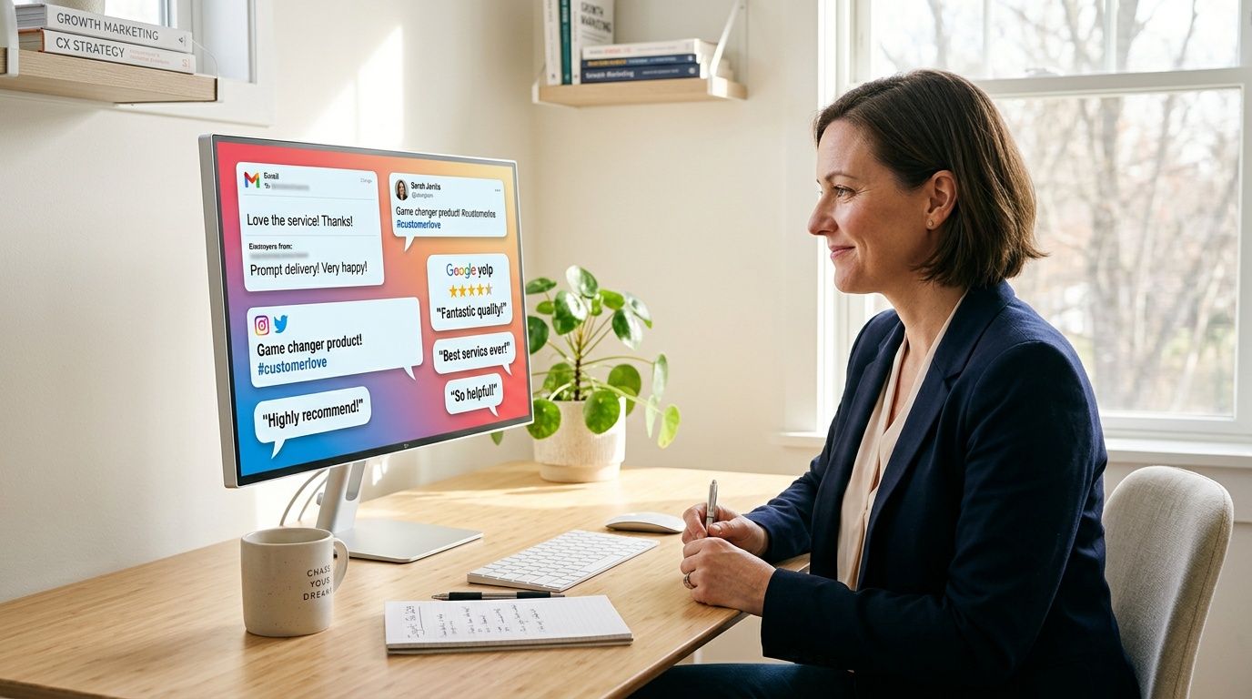 Una donna d'affari sorridente analizza recensioni positive dei clienti sul suo computer in un ufficio moderno.