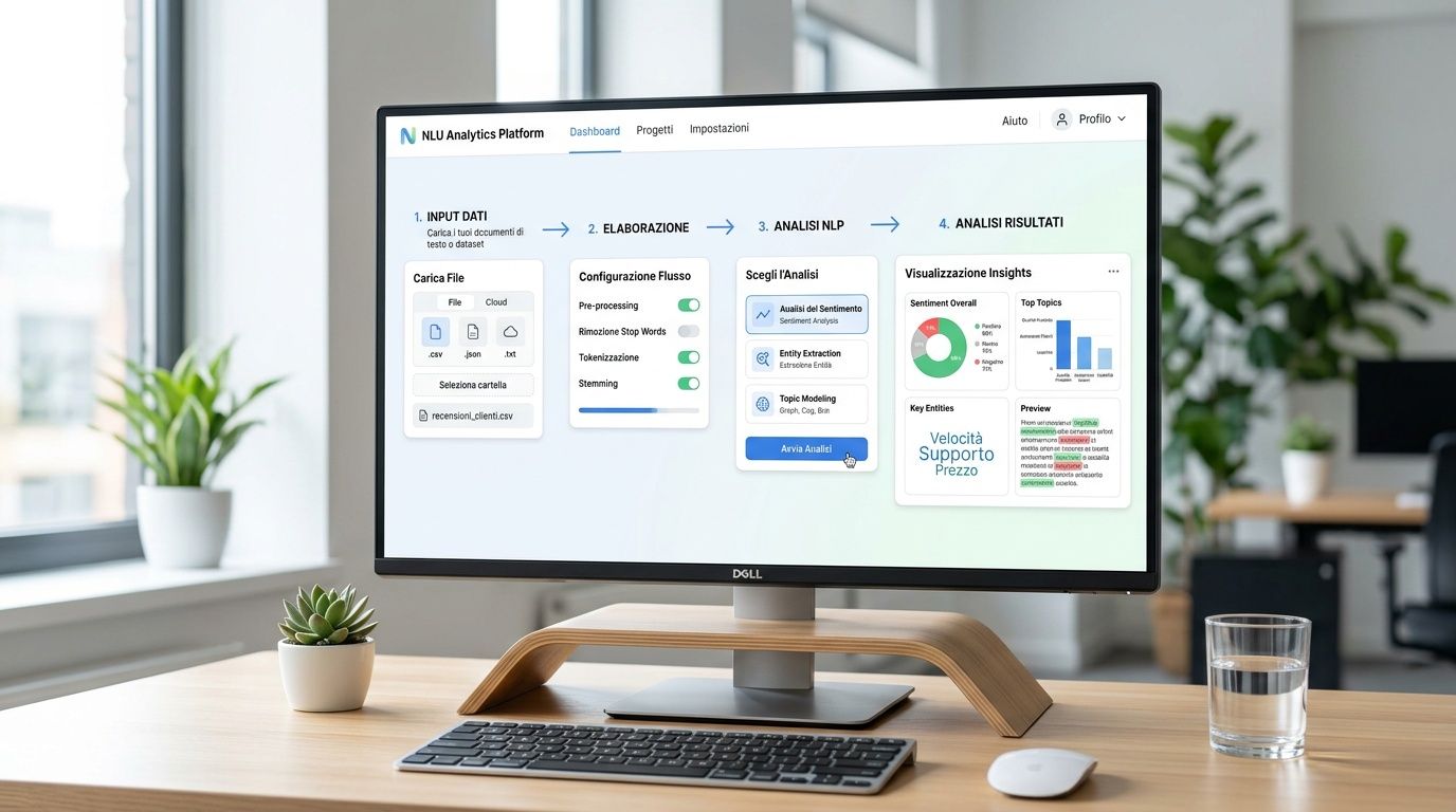 Interfaccia web di una piattaforma di analisi NLU su uno schermo di computer situato in un ufficio moderno.