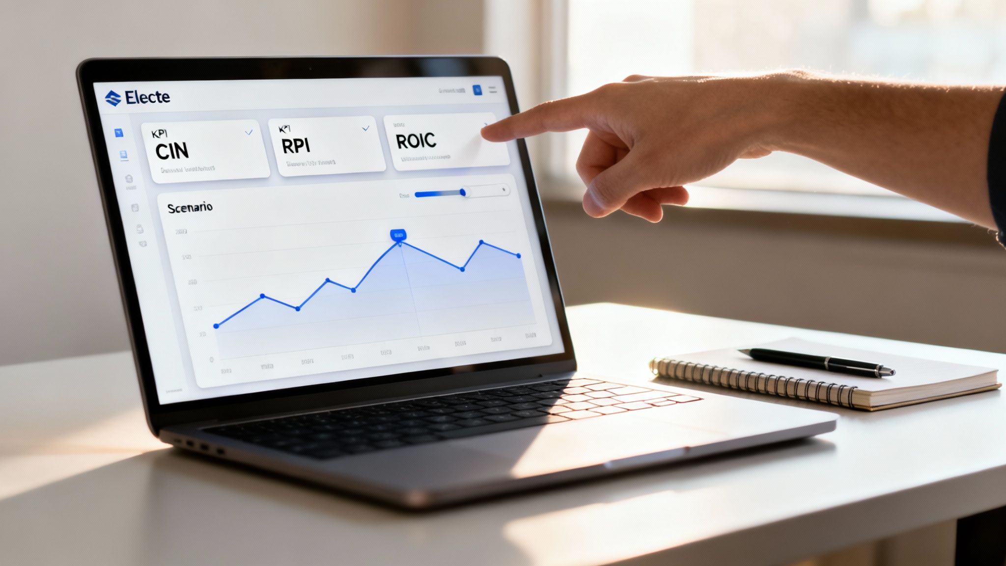 Mano interagisce con laptop che mostra dashboard finanziaria, grafici KPI CIN, RPI, ROIC e un grafico a linee.