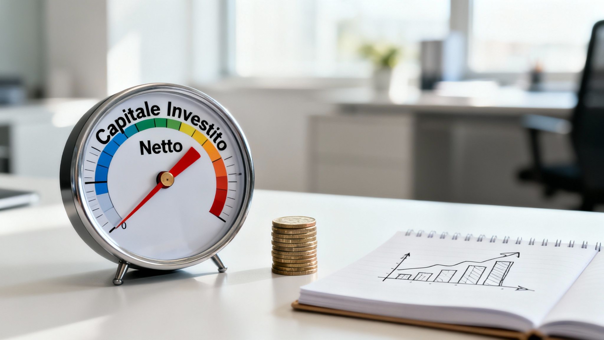 Gauge finanziario con indicatore 'Capitale Investito Netto' in zona rossa, monete e grafico di crescita su quaderno.
