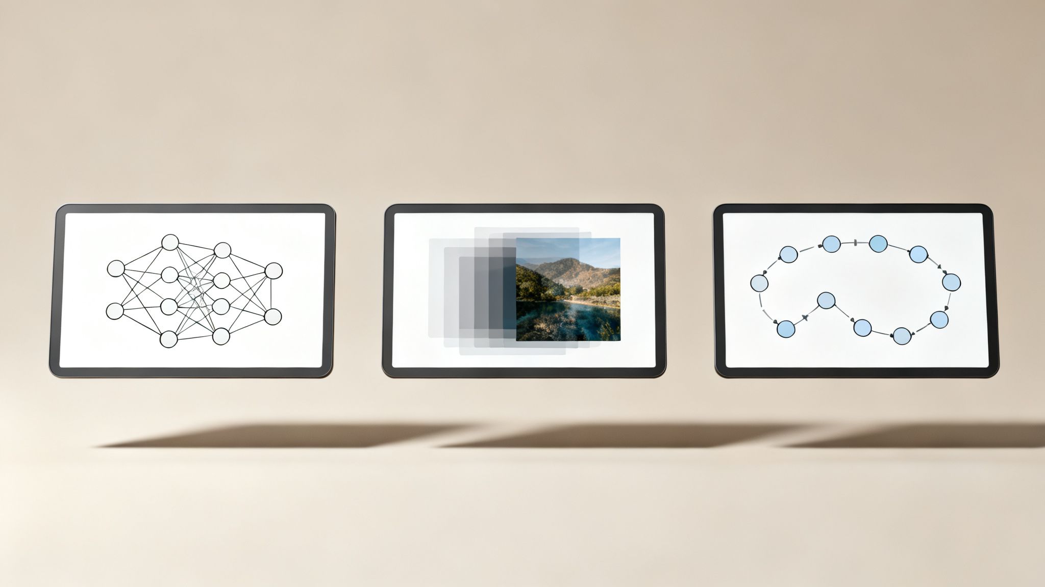 Tre tablet galleggianti mostrano schemi di rete neurale, un'immagine in dissolvenza e un diagramma di processo circolare.