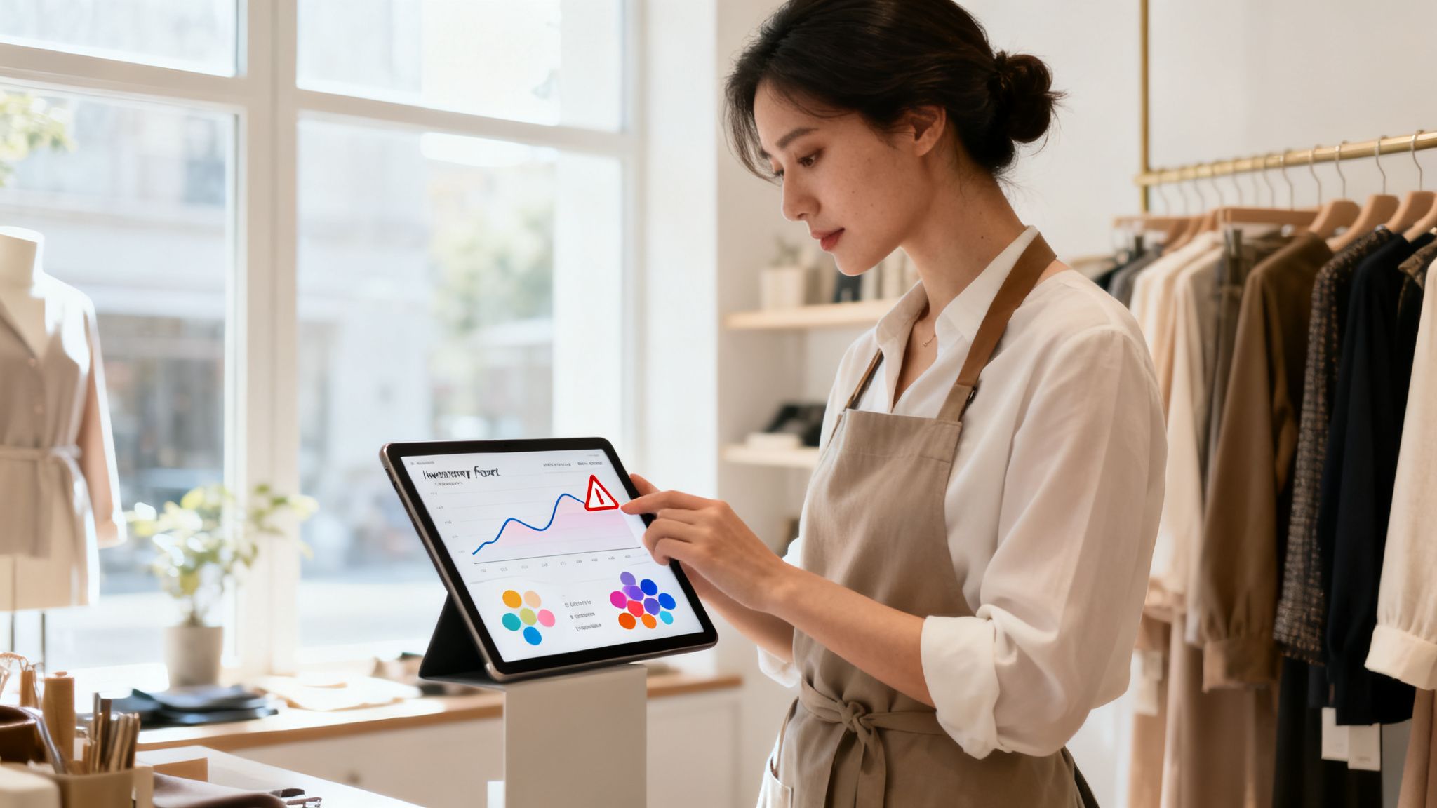 Donna in un negozio di abbigliamento esamina attentamente un tablet con un grafico di dati e un avviso.