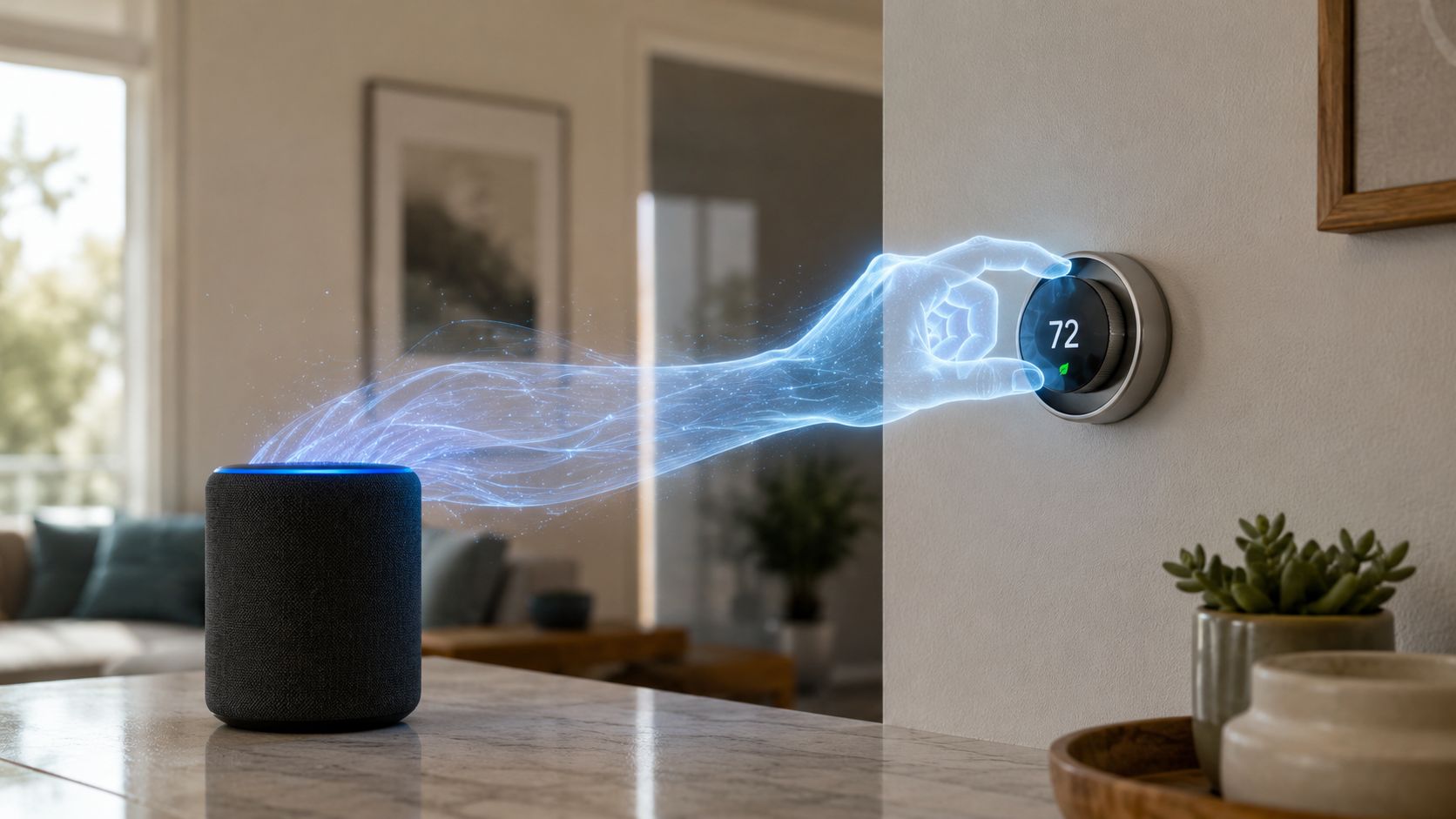 Un assistente vocale smart proietta una mano olografica che regola il termostato digitale sulla parete di casa.