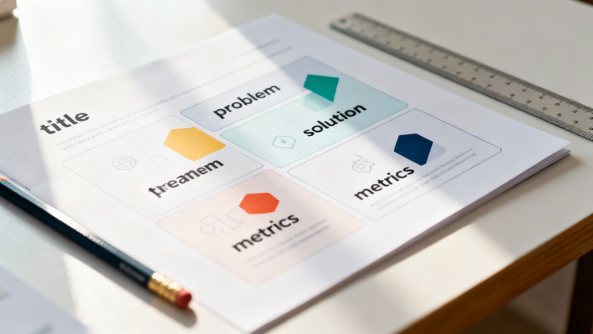 Documento one-pager con sezioni 'problem', 'solution' e 'metrics', con matita e righello su un tavolo.
