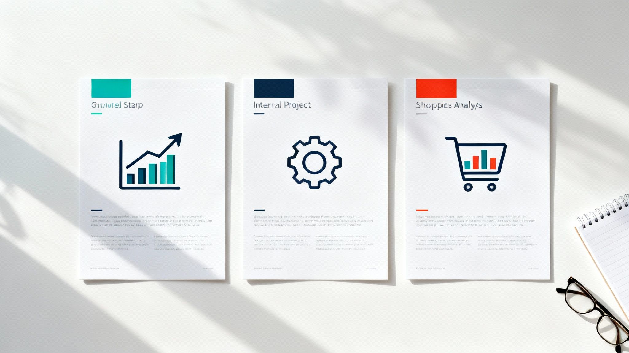 Tre documenti aziendali con icone di grafici, ingranaggi e carrello, affiancati da un quaderno e occhiali su un tavolo bianco.