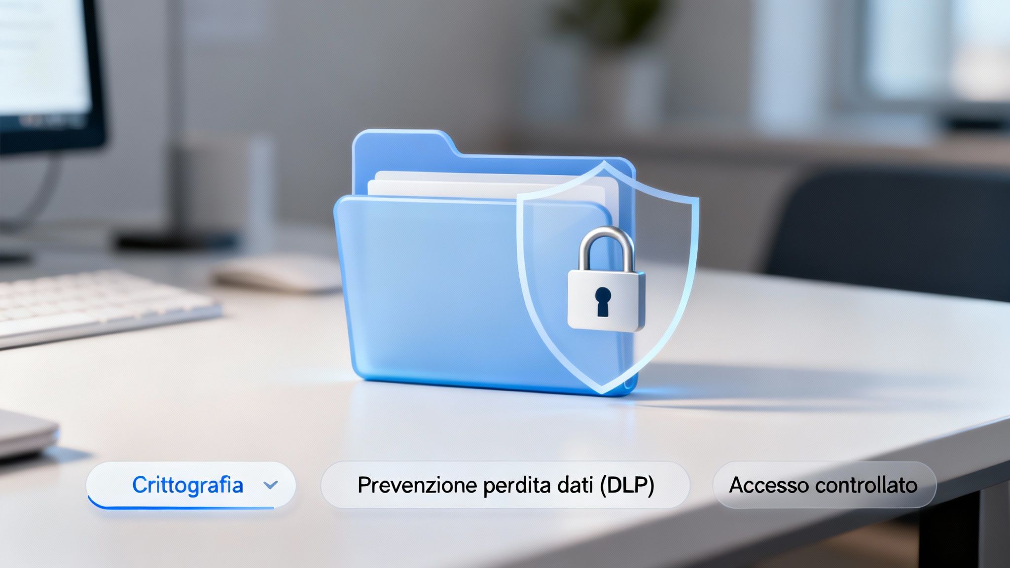 Icona di sicurezza dati con cartella, scudo e lucchetto, che simboleggia crittografia, prevenzione perdita dati e accesso controllato.