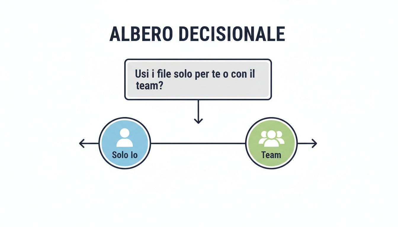 Un albero decisionale che illustra la gestione dei file: per uso personale (solo io) o in collaborazione con il team.
