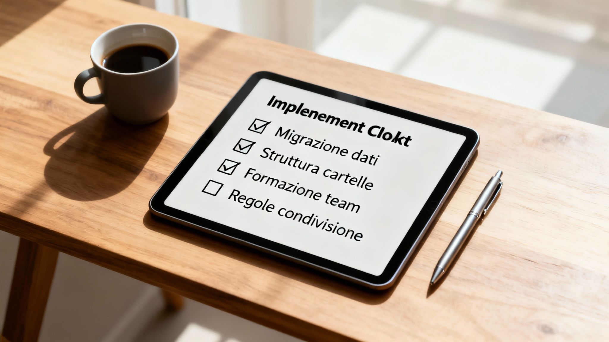 Tablet su scrivania in legno con checklist digitale 'Implementazione Clokt', affiancato da caffè e penna.