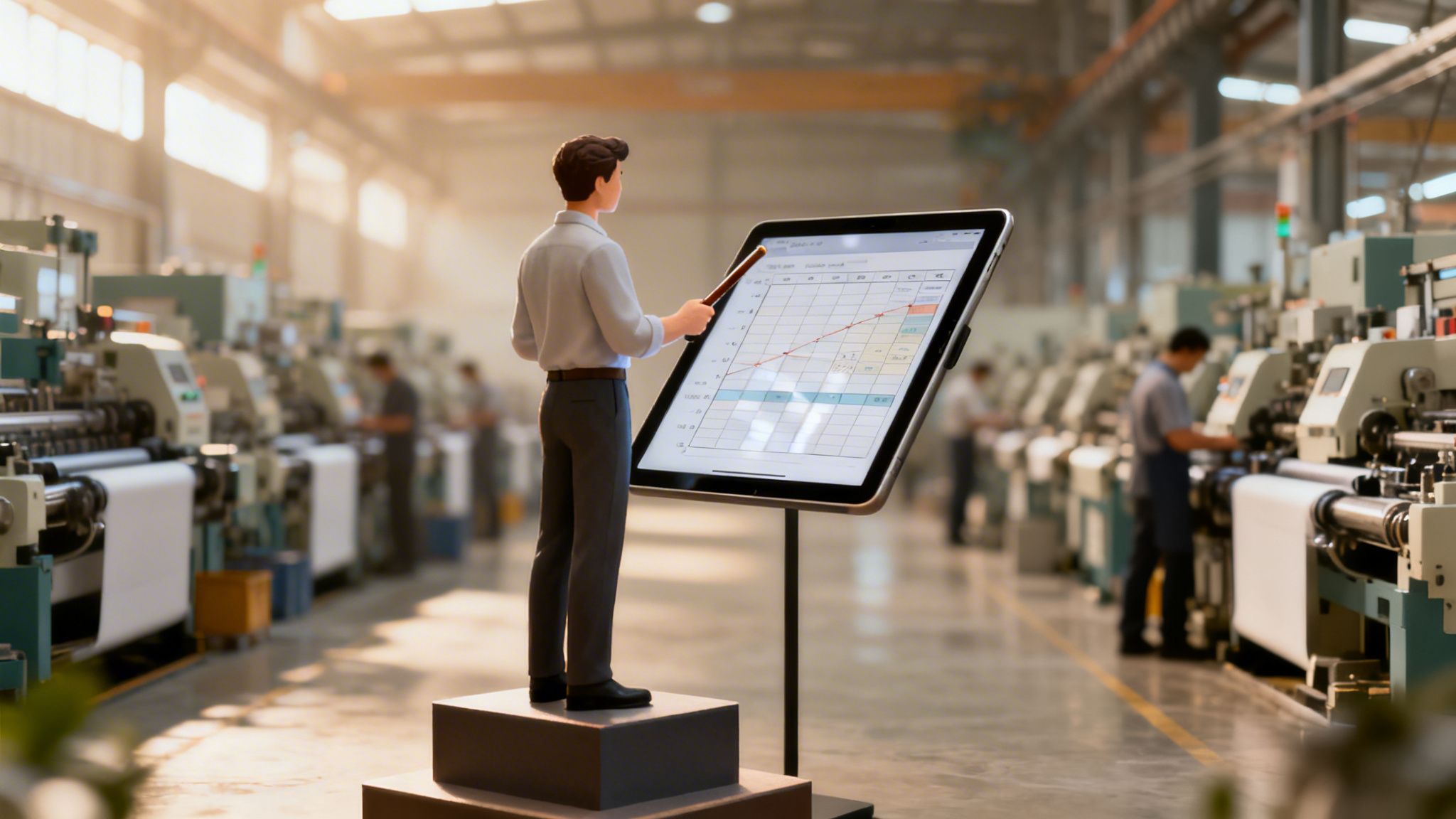 Un pianificatore 3D in una fabbrica, indica un tablet con un grafico di produzione per l'analisi dei dati.