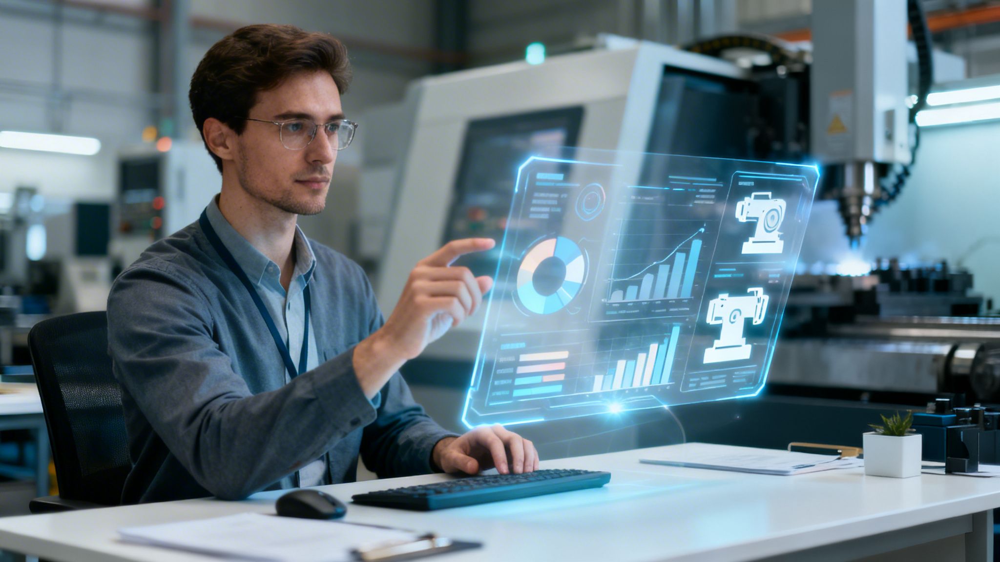 Giovane ingegnere interagisce con un display olografico che mostra dati e grafici industriali in una fabbrica moderna.