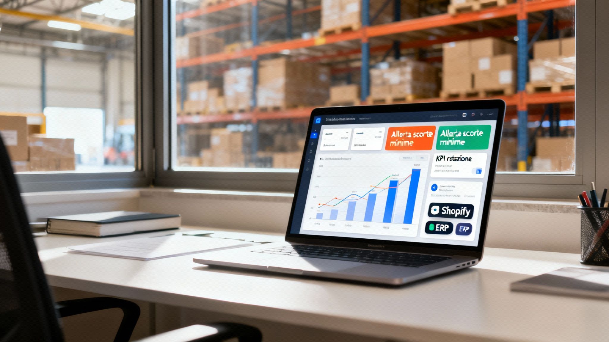 Laptop su scrivania mostra una dashboard di gestione magazzino con grafici, sullo sfondo un magazzino.