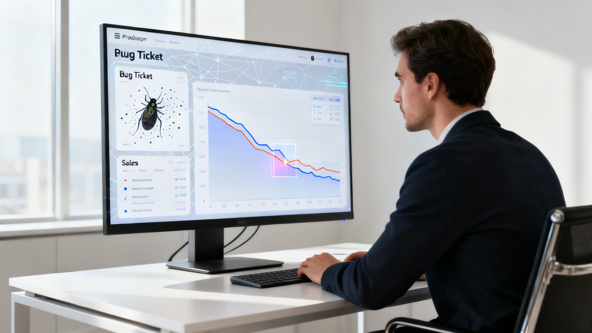 Uomo d'affari al computer in ufficio, visualizza un 'Bug Ticket' e grafici di vendita.