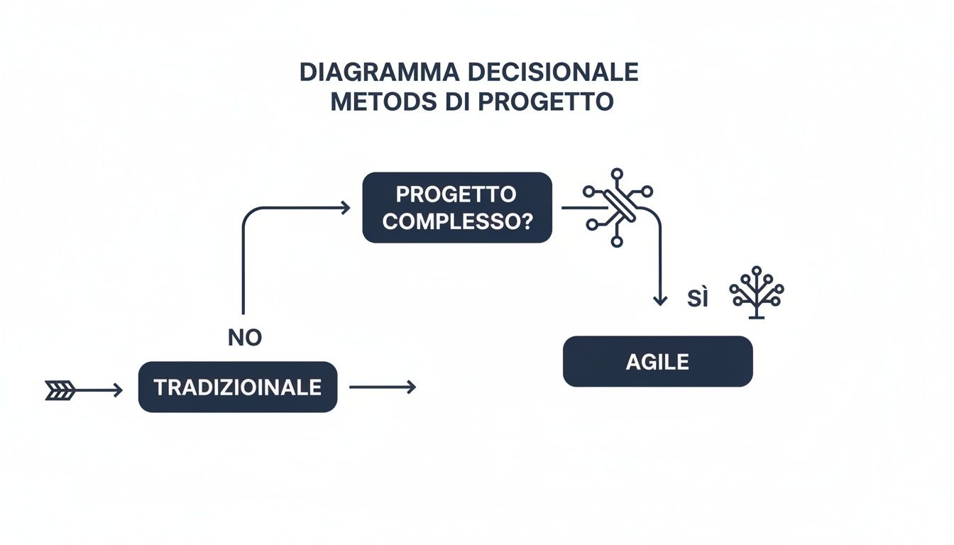 Diagramma decisionale che illustra la scelta tra metodi di progetto tradizionali e agile in base alla complessità.