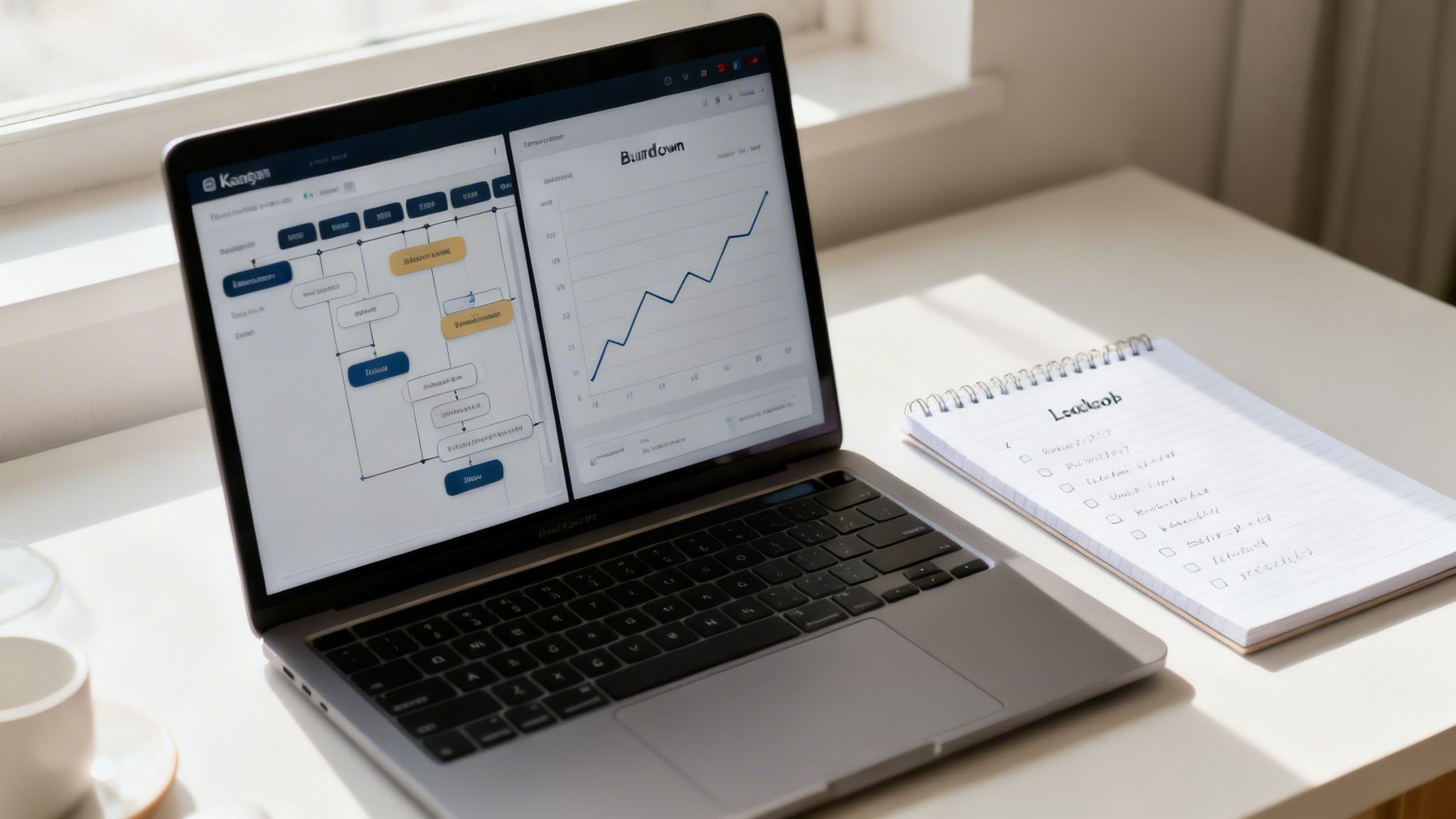 Laptop su scrivania con software di gestione progetti, diagrammi e grafico. Quaderno con lista di controllo e tazza di caffè.
