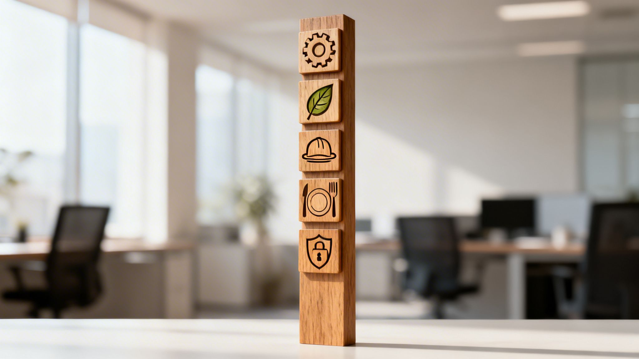 Un blocco di legno con icone di ingranaggio, foglia, casco, posate e lucchetto, che simboleggiano la qualità e la sostenibilità in un ufficio.
