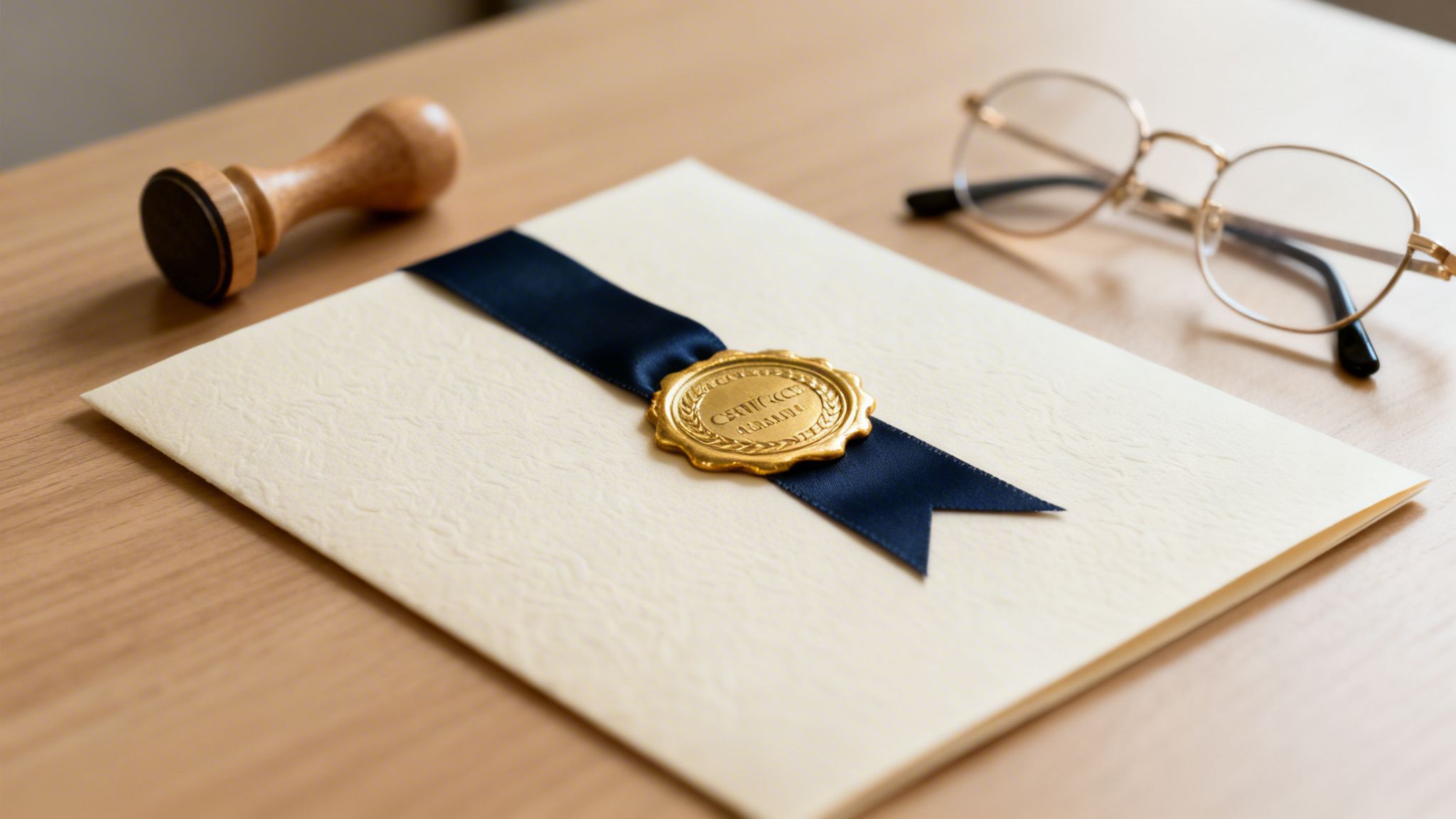 Un elegante certificato con nastro blu e sigillo dorato, timbro e occhiali su un tavolo in legno chiaro.