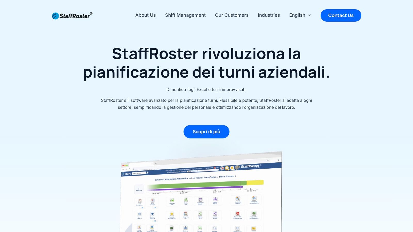 Homepage del software per la pianificazione dei turni StaffRoster
