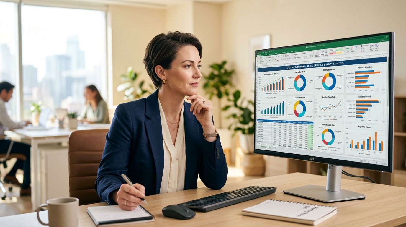 Una professionista in ufficio analizza grafici e dati aziendali su un monitor moderno al suo computer.