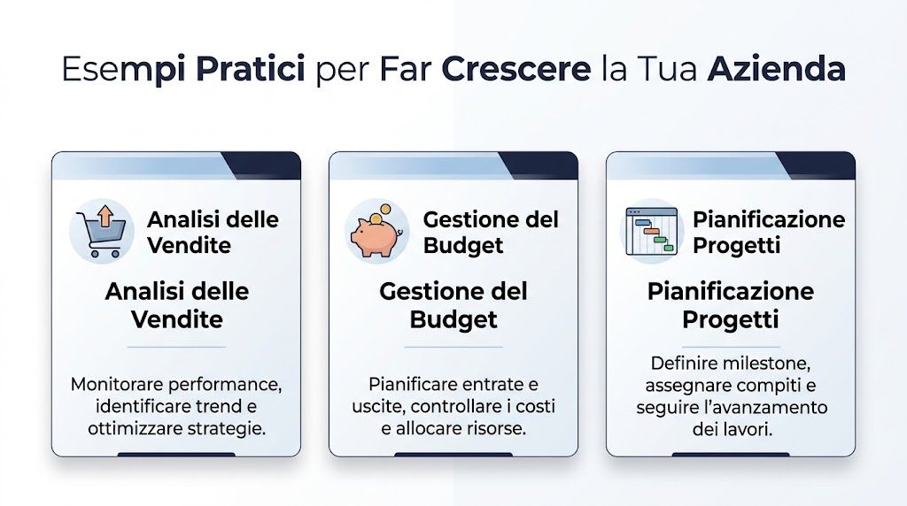 Tre sezioni infografiche che illustrano esempi pratici per far crescere la tua azienda tramite analisi, budget e pianificazione.