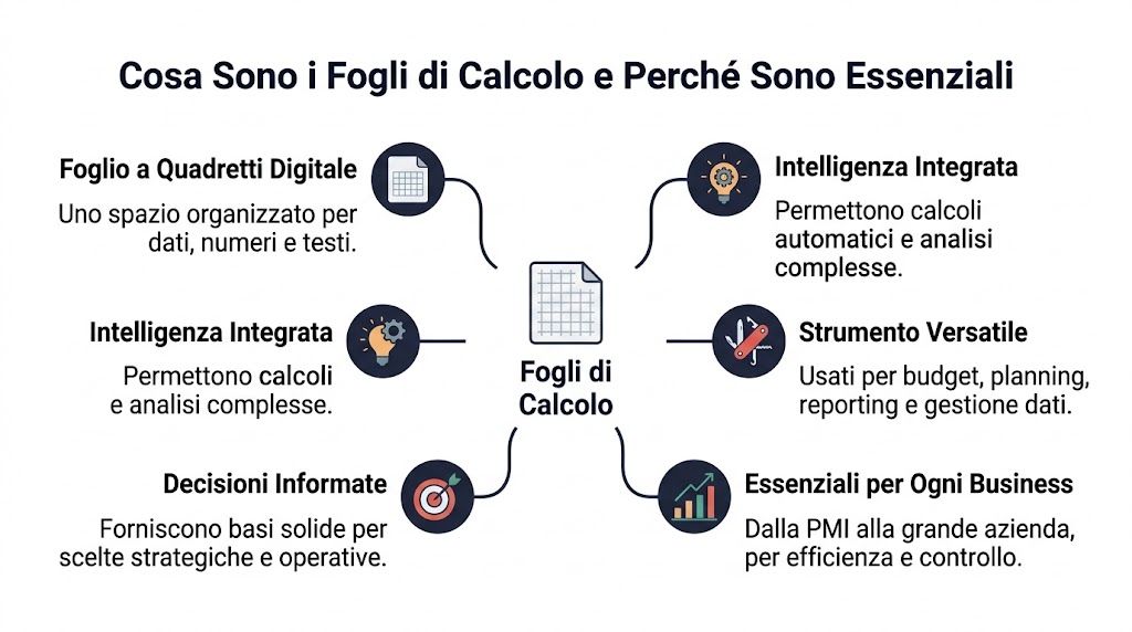 Schema grafico che illustra i vantaggi e l'importanza dei fogli di calcolo in ambito aziendale e operativo.