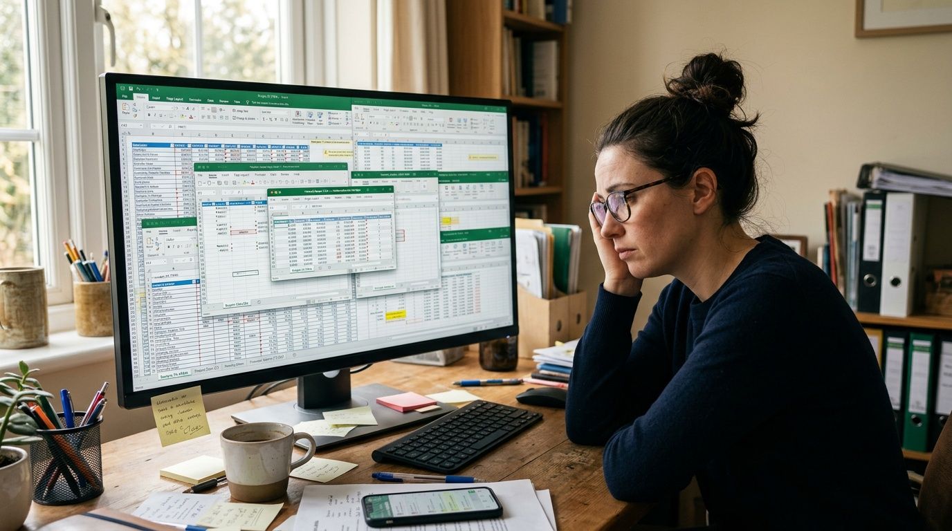 Una giovane donna stanca lavora intensamente al computer davanti a numerosi fogli di calcolo aperti sullo schermo.
